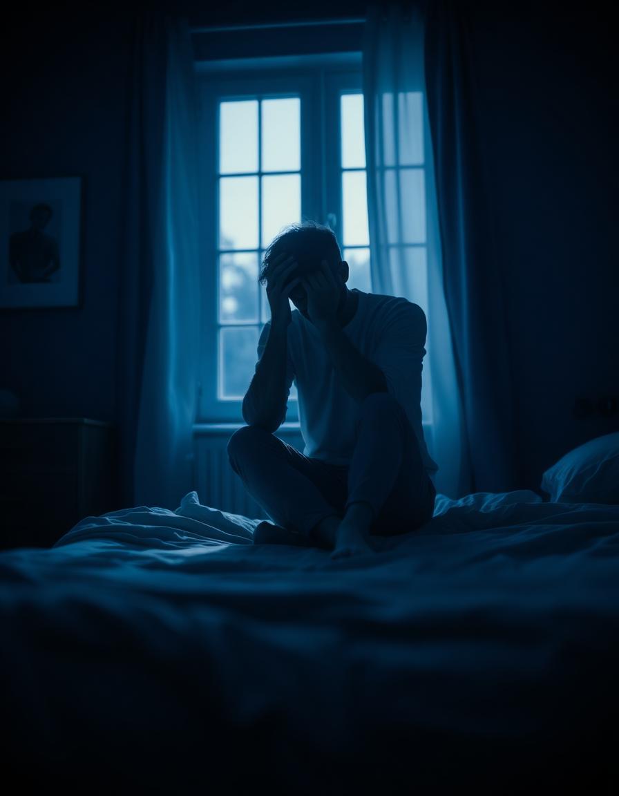 Homem exausto sentado na cama ao amanhecer, sinal de sono não reparador